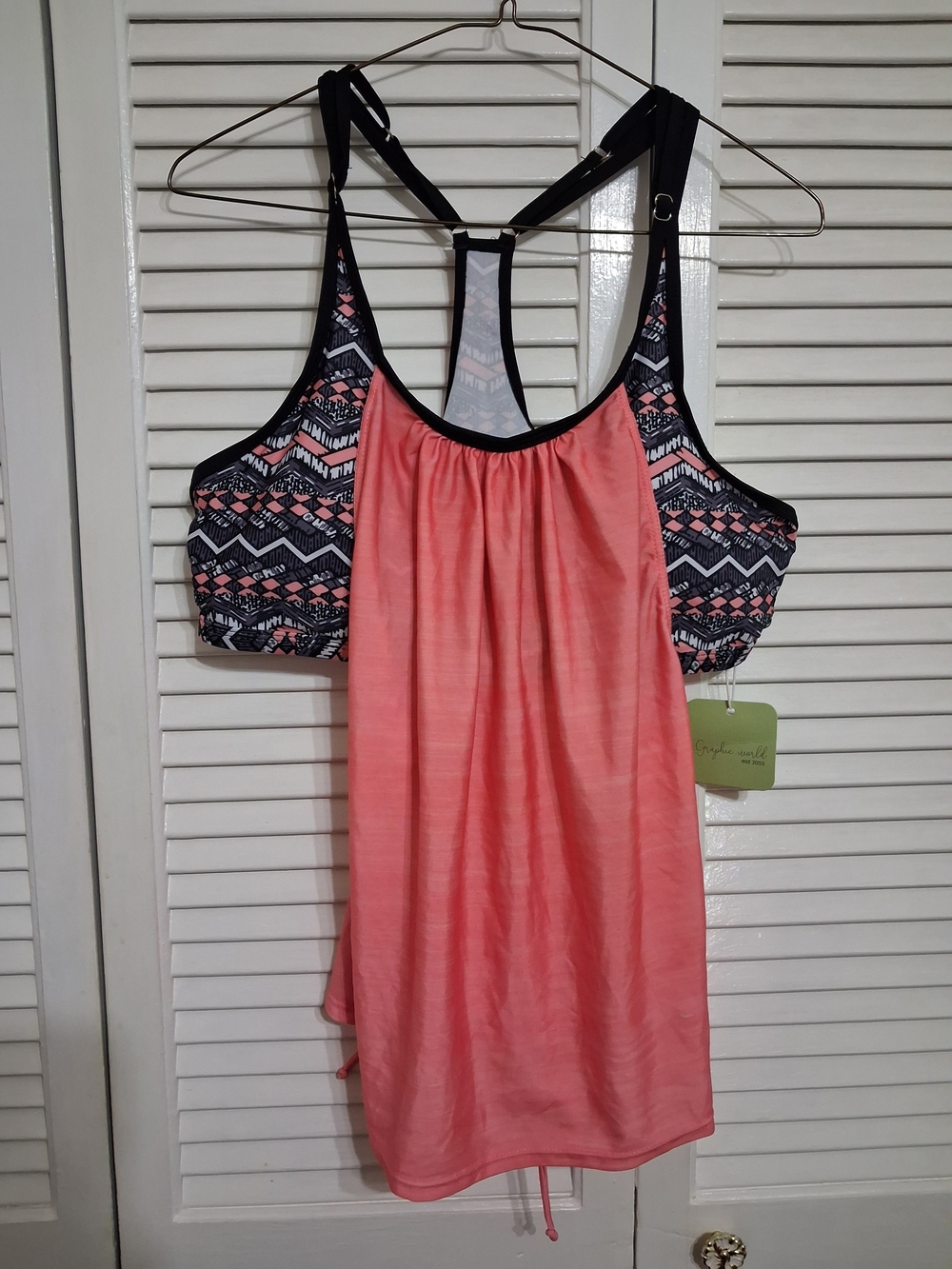 Women's Coral Tankini Swim Top with Patterned Shelf Bikini